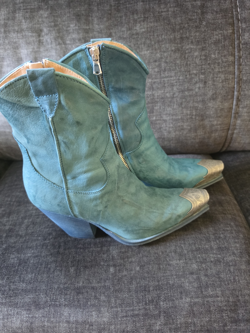 Free People Brayden Petrol Blue Leather Western Ankle Boots w/Metallic Toe Cap
